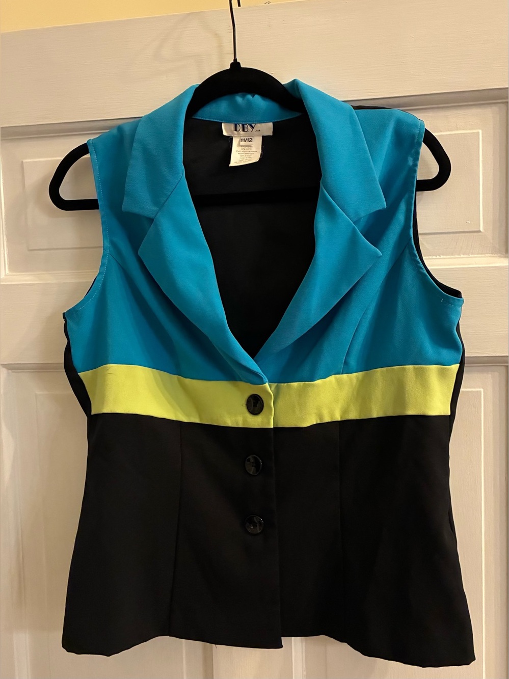 D.B.Y. Size 11/12 Sleeveless Colorblock Blazer Vest in Turquoise, Lime & Black